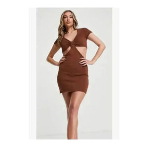 ASOS Design Knitted Mini Dress Brown Knit Cut Out Sides Knot Front Size 4